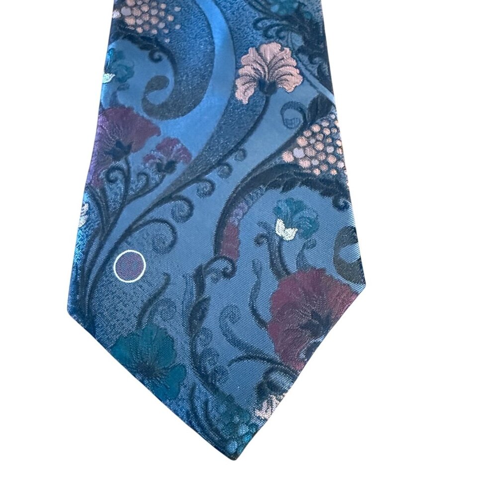 NWT Halston III Blue Floral Tie Necktie Polyester/Silk Blend Elegant Art Deco